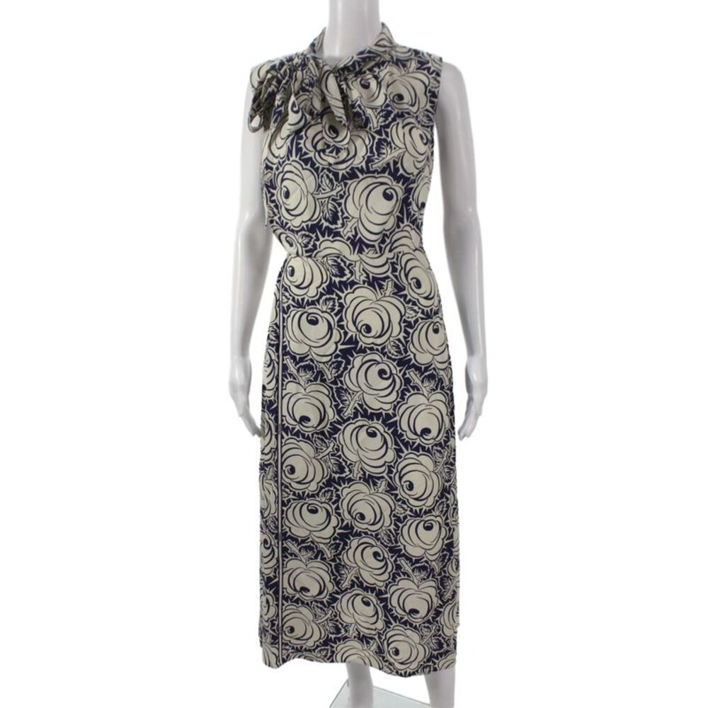 Prada Women Sheath Dress Beige Silk Floral Sleeveless Knee Length Size 40